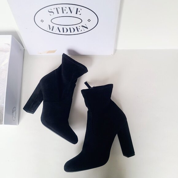 Steve Madden 'Edit' Black Suede Slouchy Heeled Ankle Booties Women's Size 7 - Picture 2 of 14